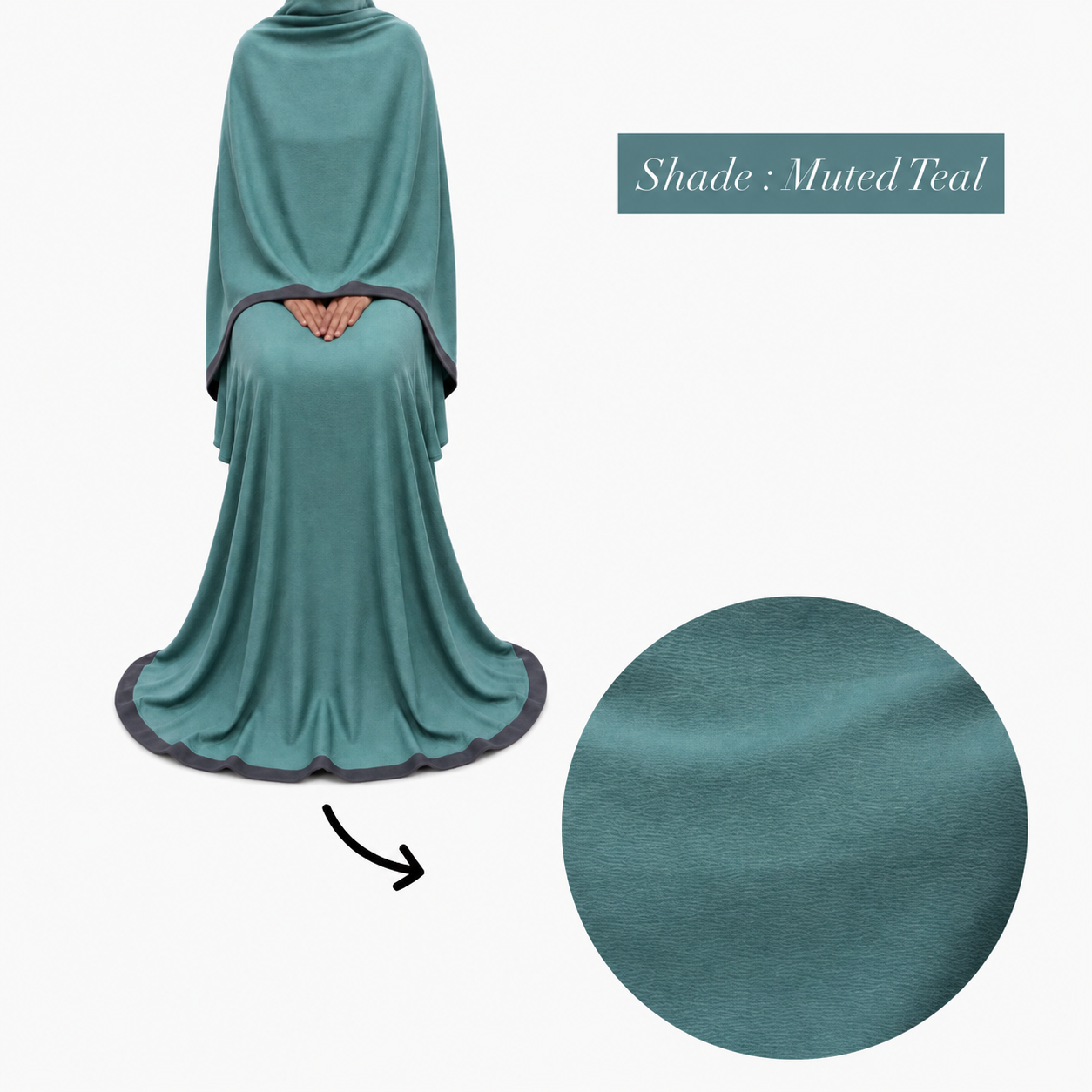 Soft Crush Abaya – Muted Teal (Grey Trim)