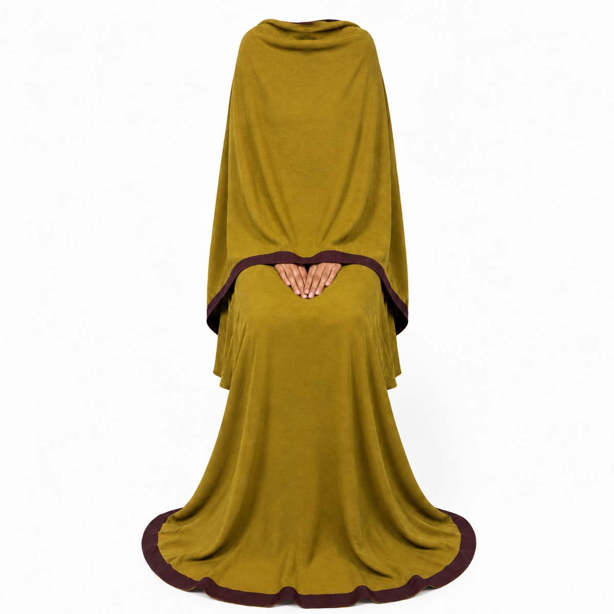 Soft Crush Abaya – Mustard Olive (Plum Trim)