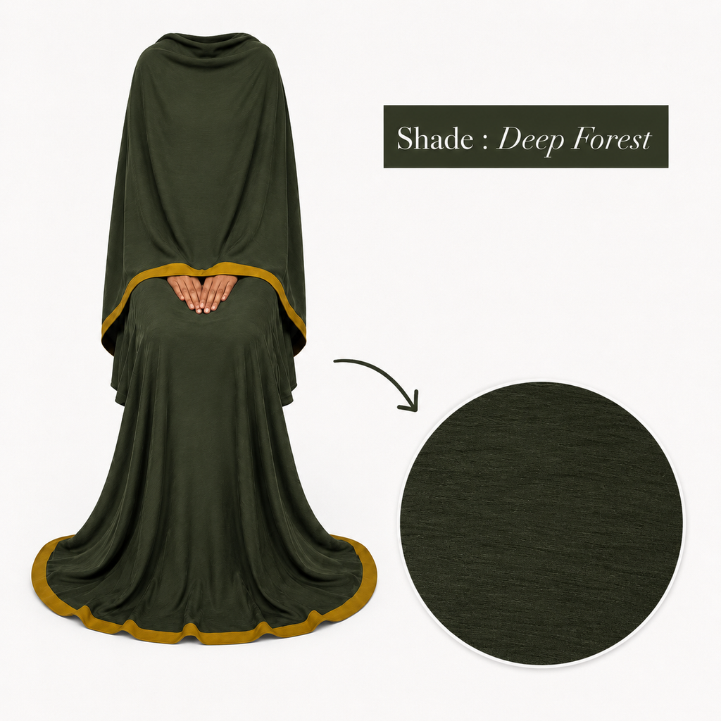 Soft Crush Abaya – Deep Forest (Mustard Trim)
