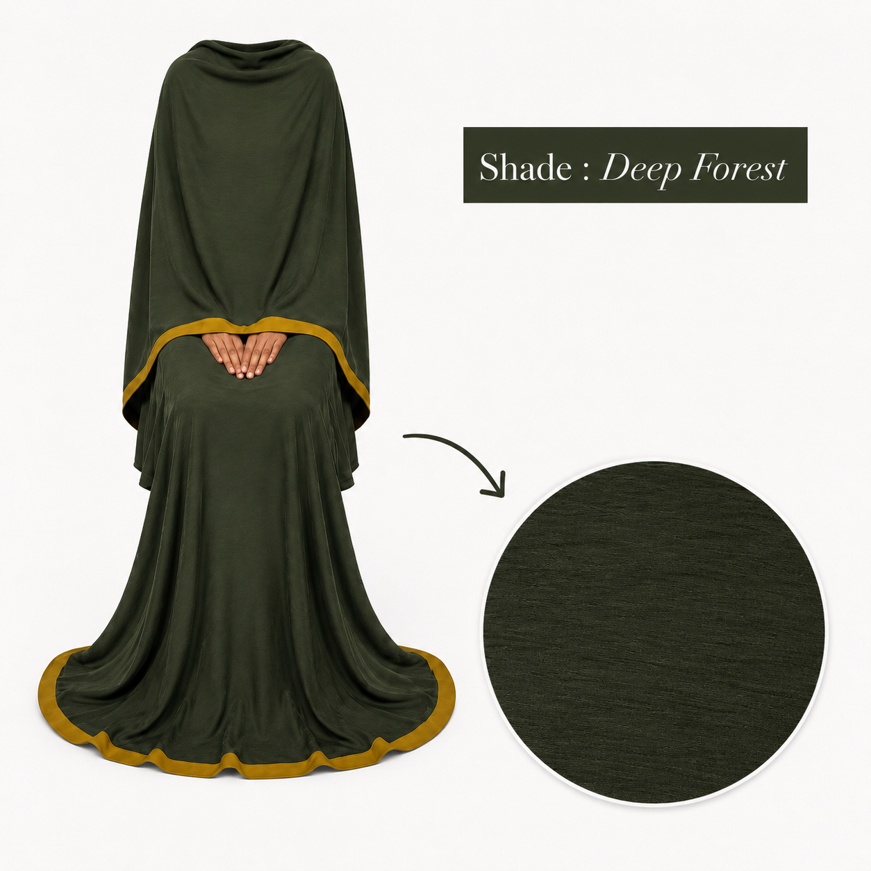 Soft Crush Abaya – Deep Forest (Mustard Trim)