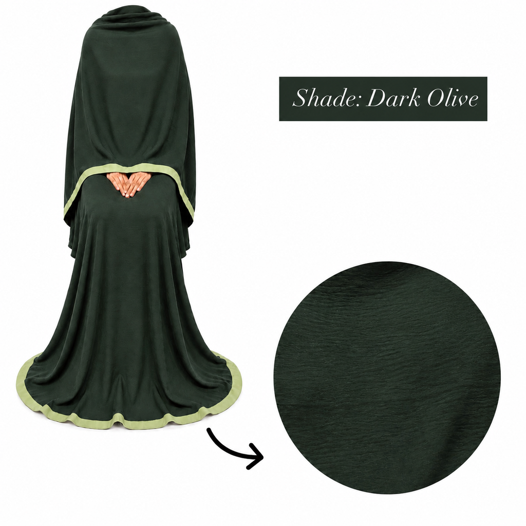 Soft Crush Abaya – Dark Olive (Mint Trim)