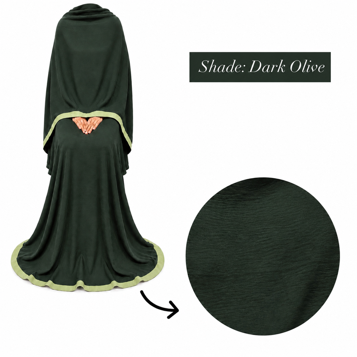 Soft Crush Abaya – Dark Olive (Mint Trim)