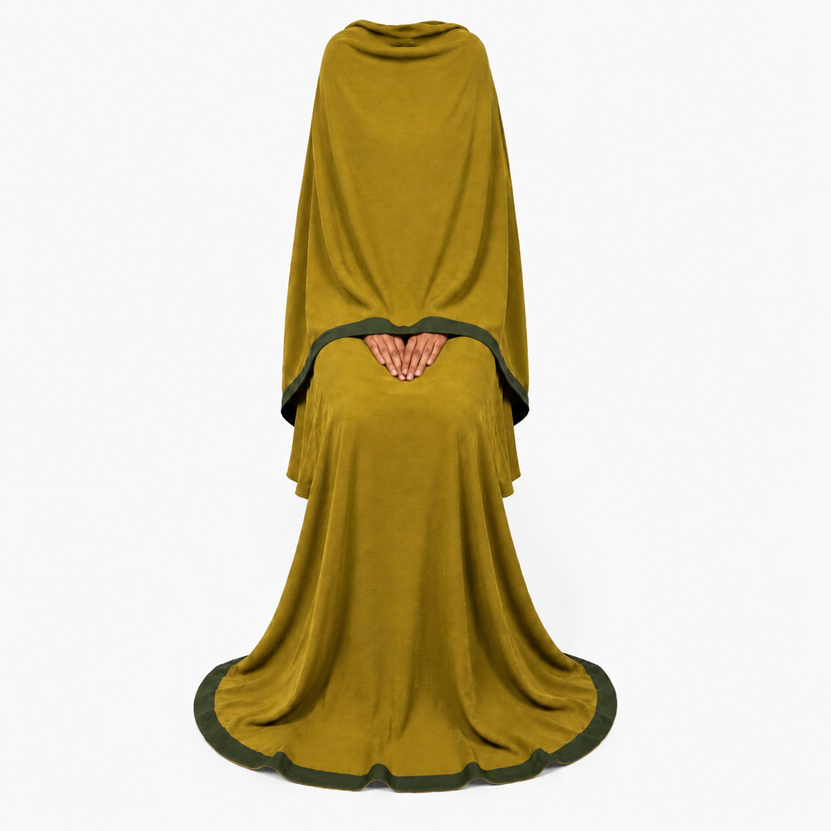 Soft Crush Abaya – Mustard Olive (Dark Green Trim)
