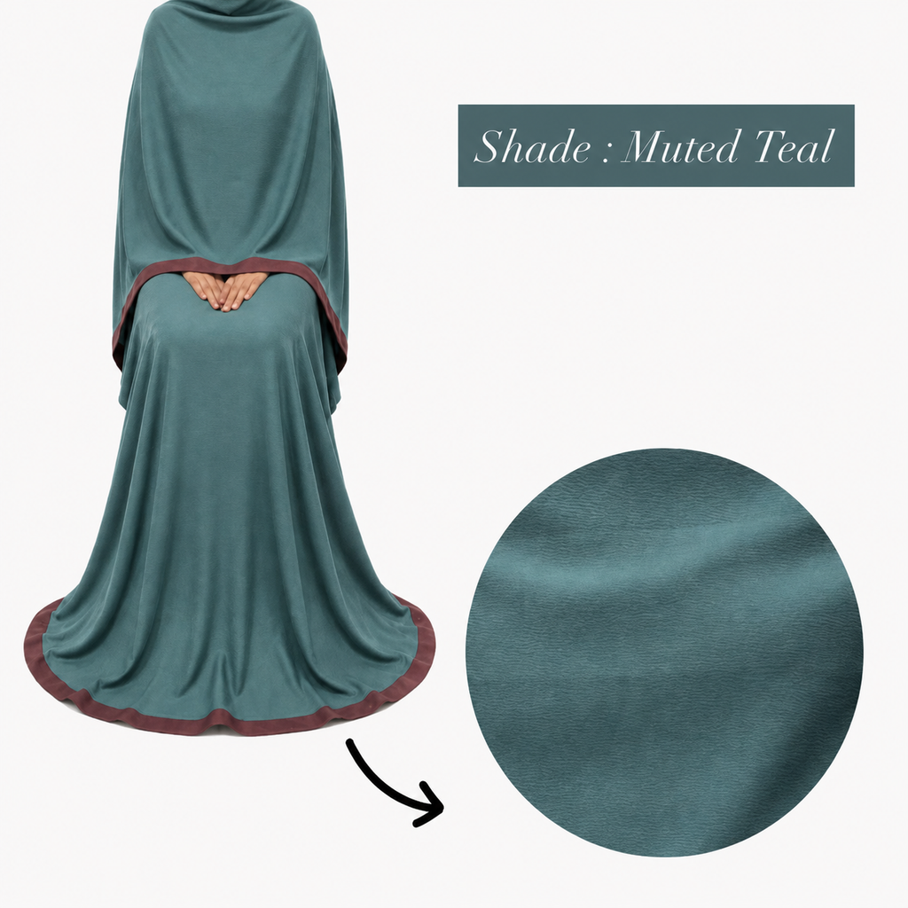 Soft Crush Abaya – Muted Teal (Maroon Trim)