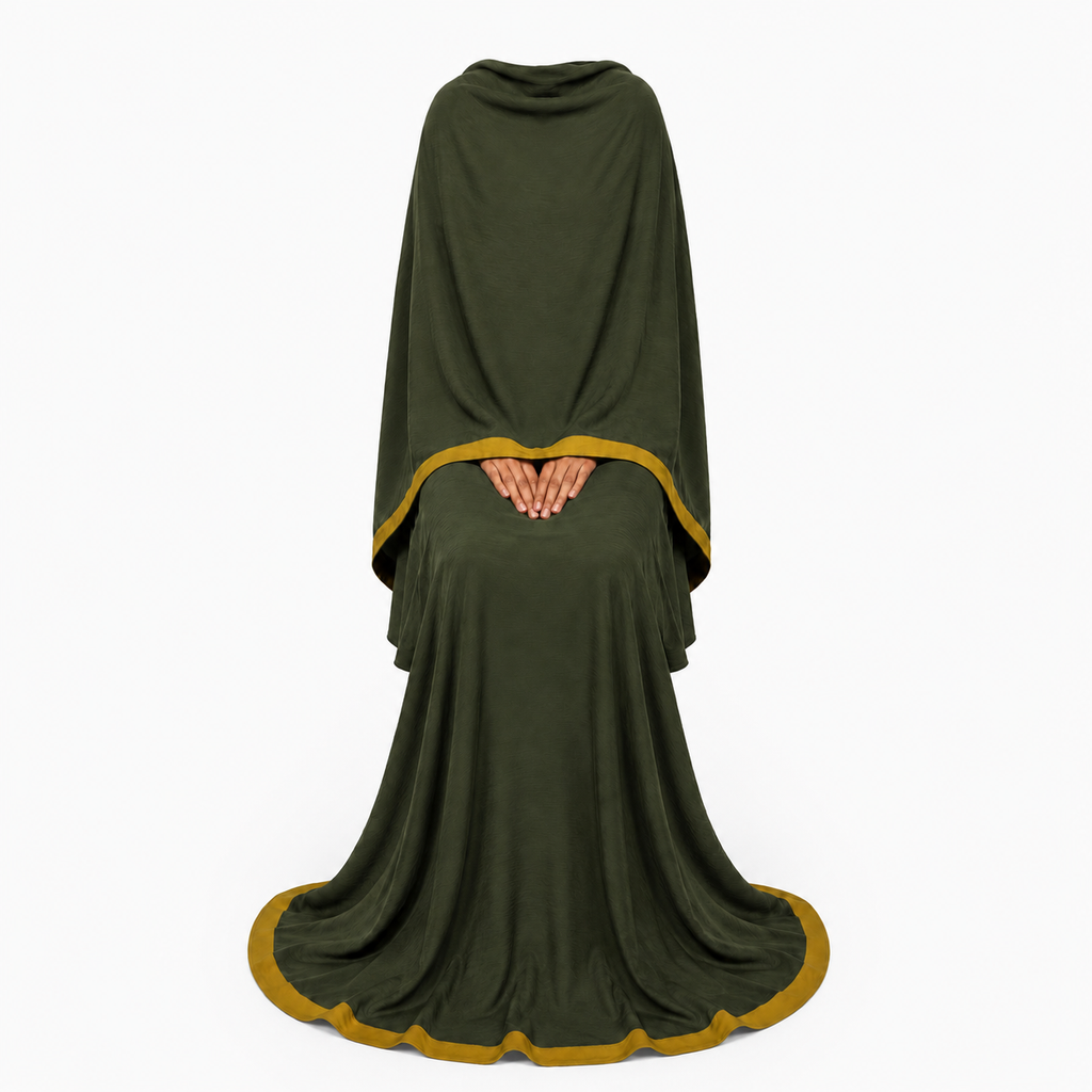 Soft Crush Abaya – Deep Forest (Mustard Trim)