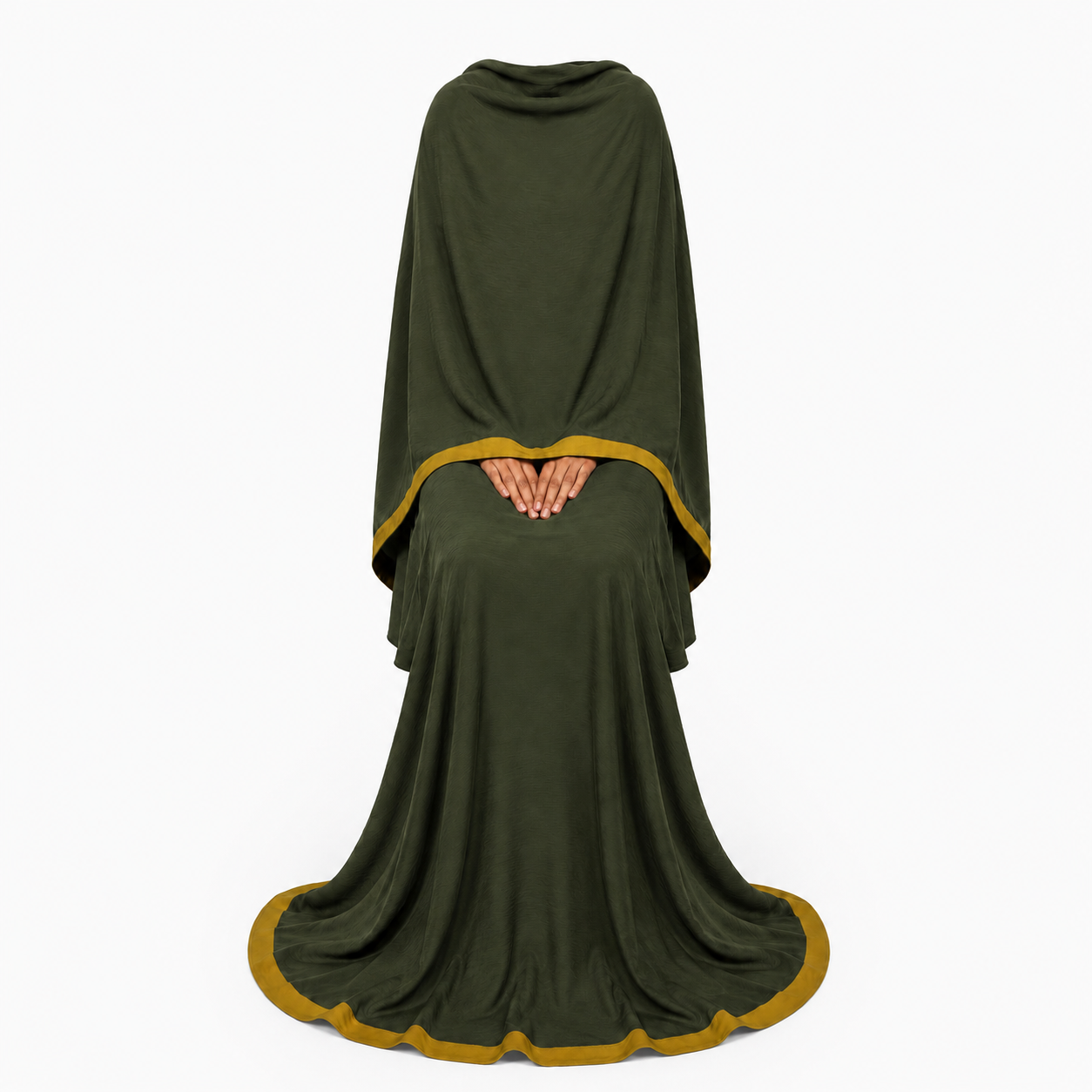 Soft Crush Abaya – Deep Forest (Mustard Trim)