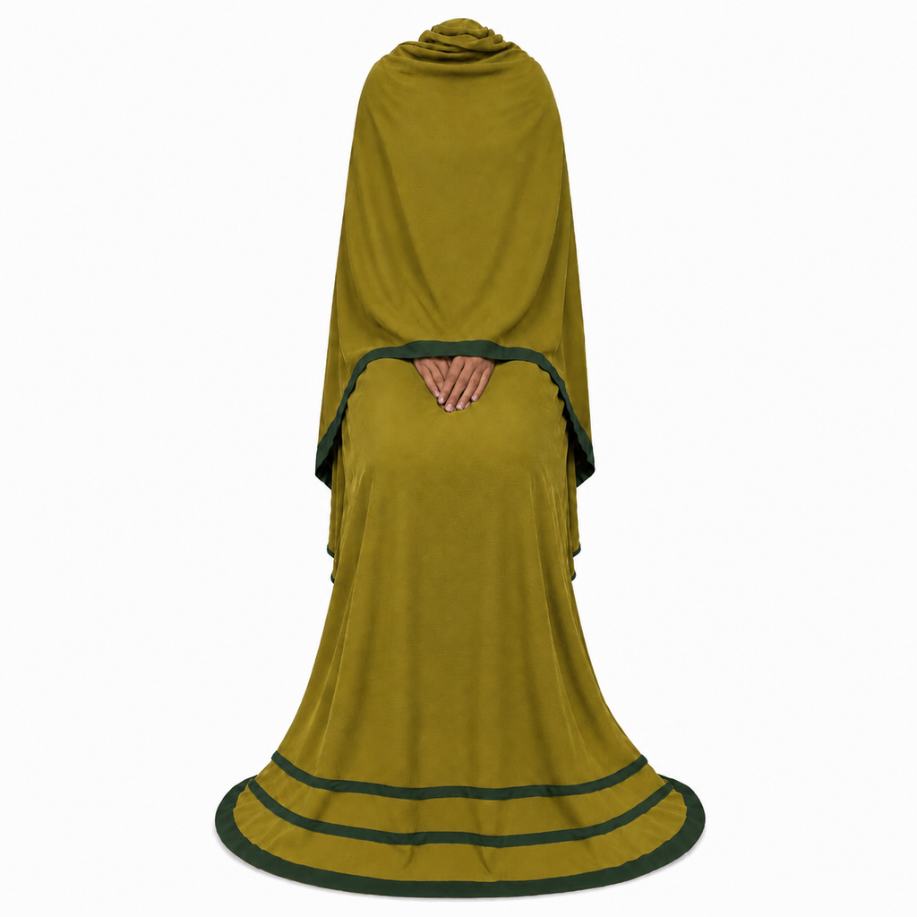 Soft Crush Abaya – Mustard Olive (Green Trim)