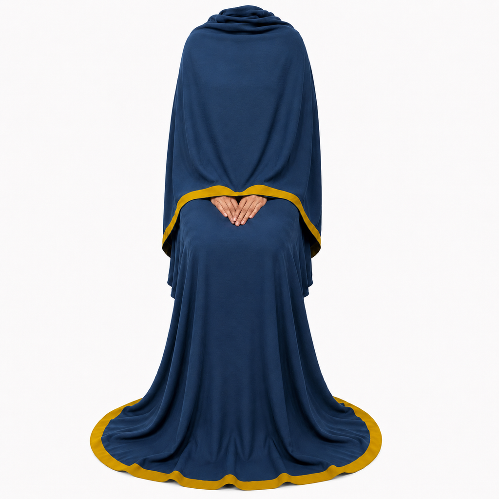 Soft Crush Abaya – Petrol Blue (Mustard Trim)