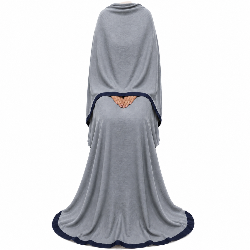 Soft Crush Abaya – Ash Grey (Navy Trim)