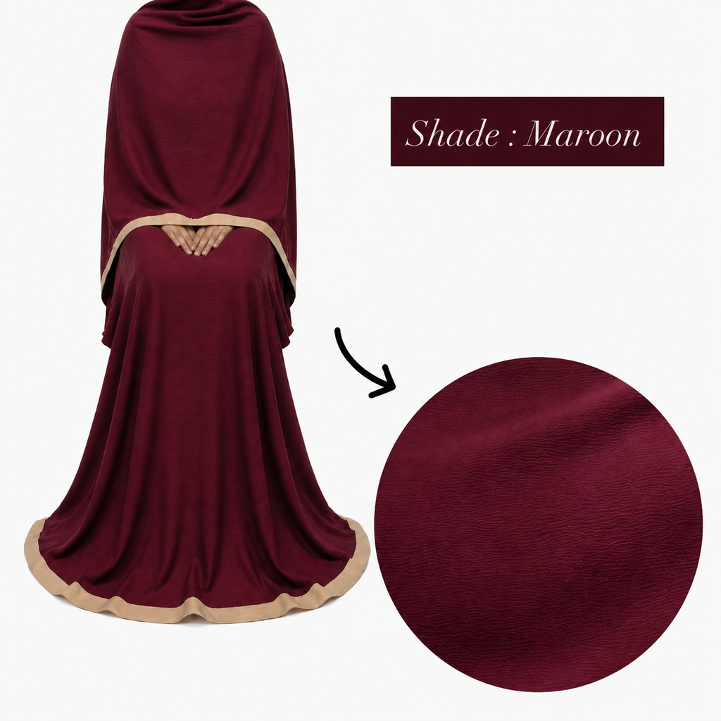 Soft Crush Abaya – Maroon (Beige Trim)