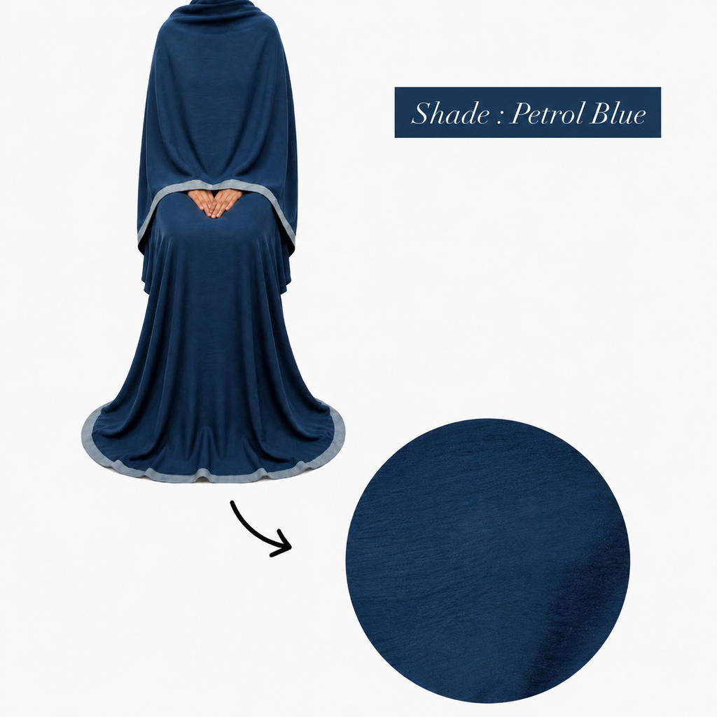 Soft Crush Abaya – Petrol Blue (Grey Trim)