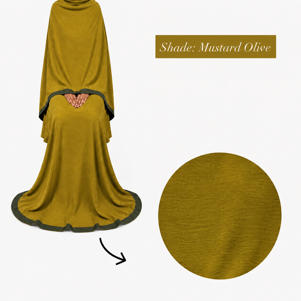 Soft Crush Abaya – Mustard Olive (Dark Green Trim)