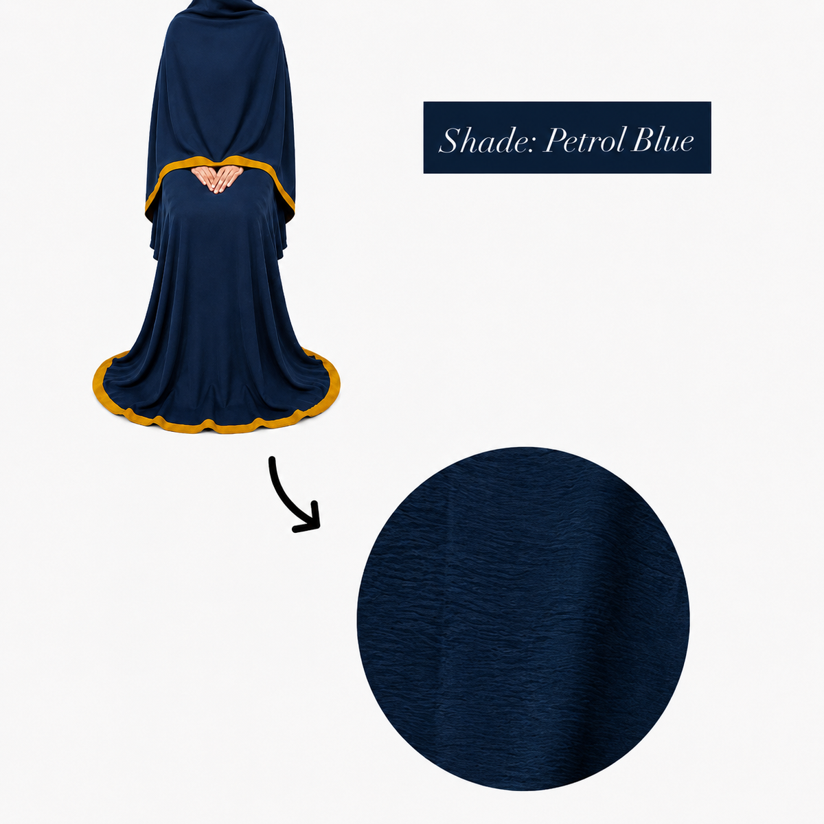 Soft Crush Abaya – Petrol Blue (Mustard Trim)