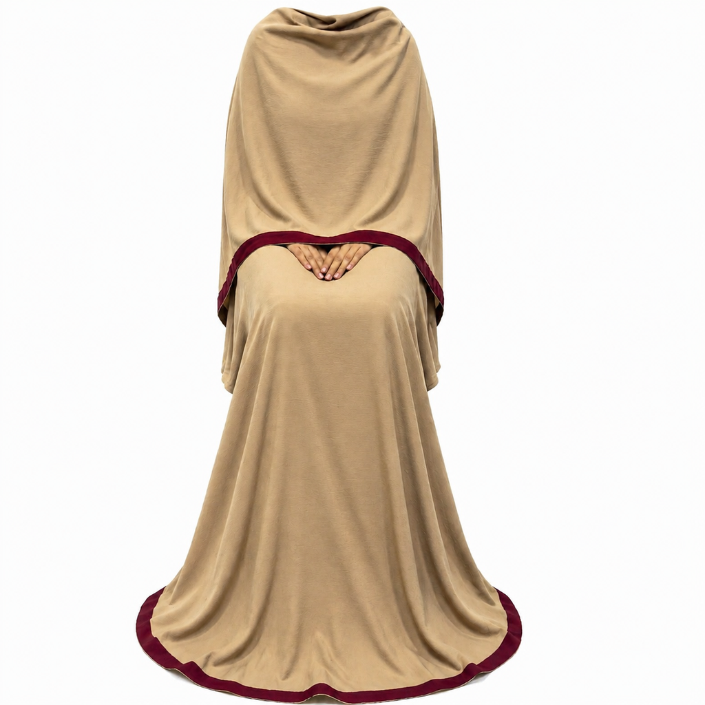 Soft Crush Abaya – Latte (Maroon Trim)