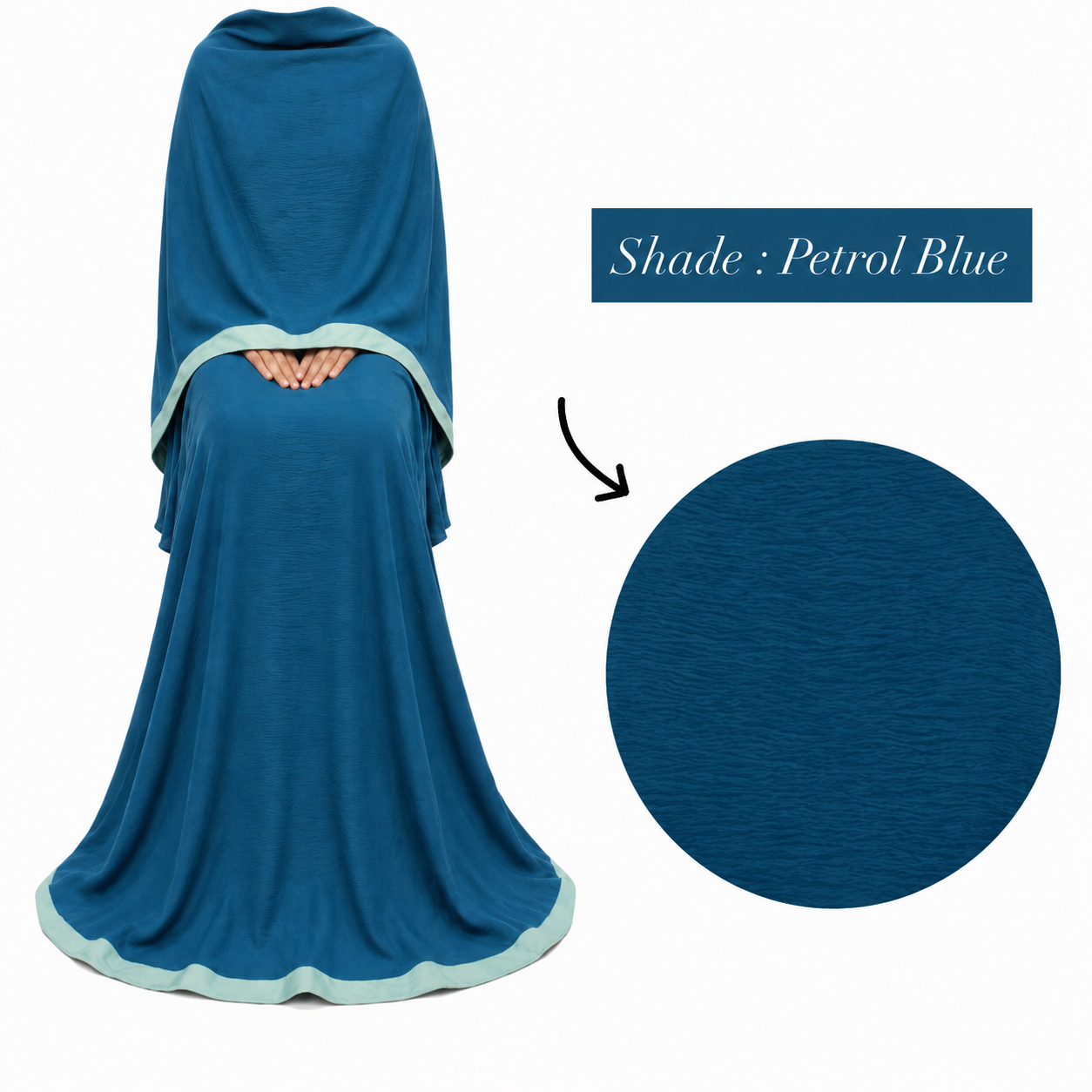 Soft Crush Abaya – Petrol Blue (Mint Trim)