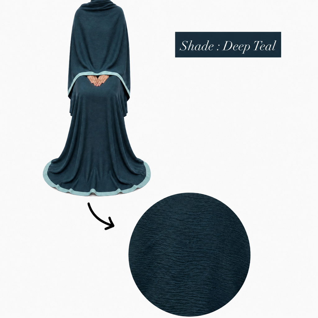 Soft Crush Abaya – Deep Teal (Cream Trim)