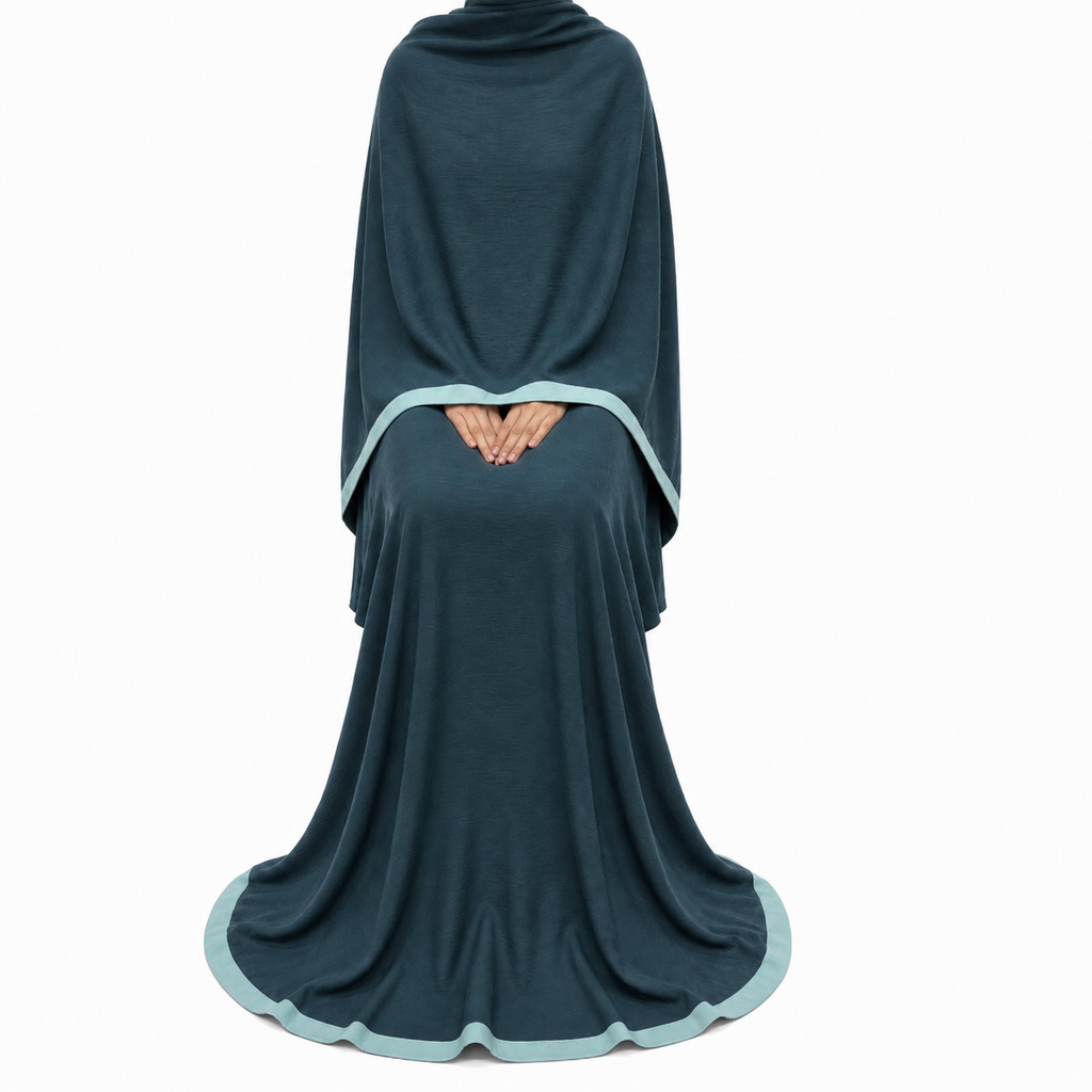 Soft Crush Abaya – Deep Teal (Cream Trim)