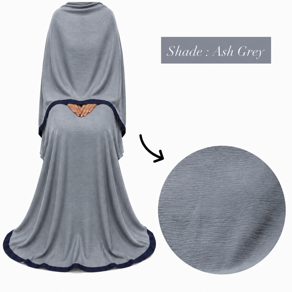 Soft Crush Abaya – Ash Grey (Navy Trim)