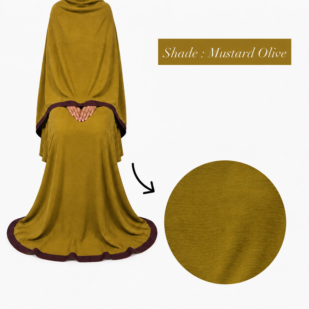 Soft Crush Abaya – Mustard Olive (Plum Trim)