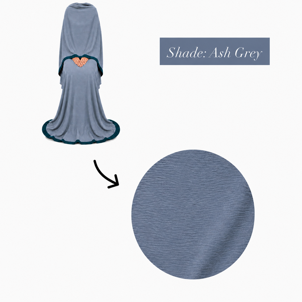Soft Crush Abaya – Ash Grey (Teal Trim)