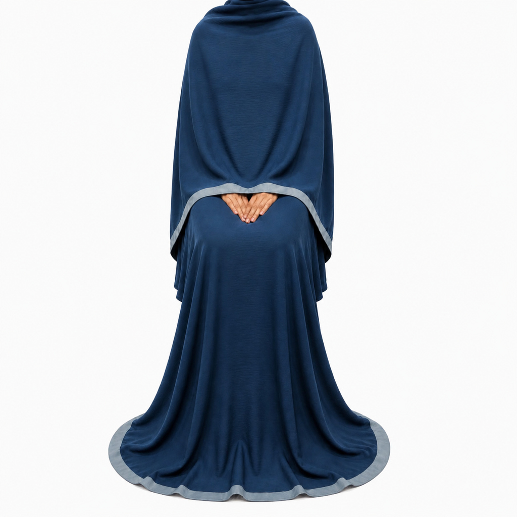 Soft Crush Abaya – Petrol Blue (Grey Trim)