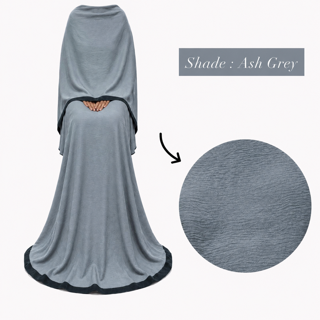 Soft Crush Abaya – Ash Grey (Black Trim)