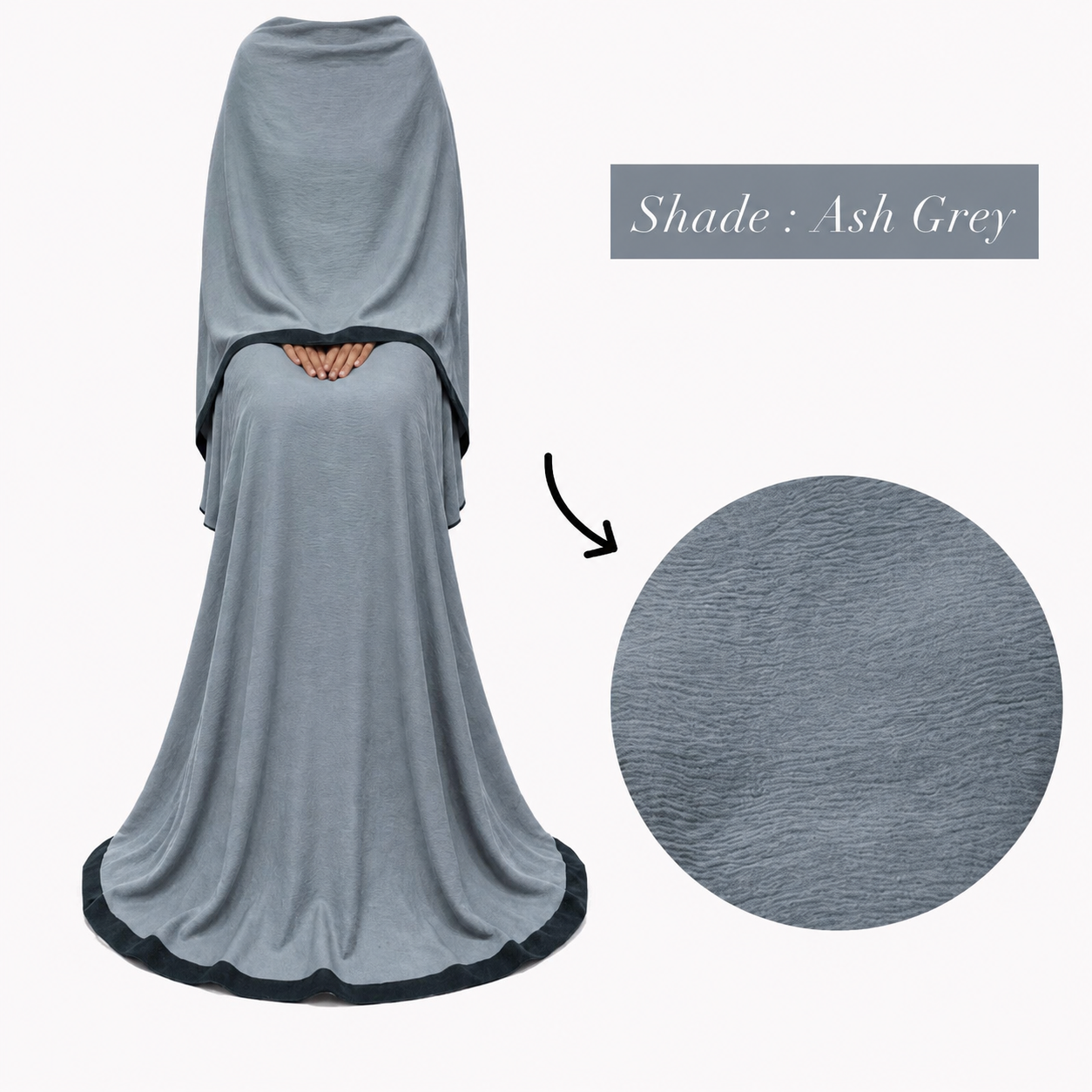 Soft Crush Abaya – Ash Grey (Black Trim)