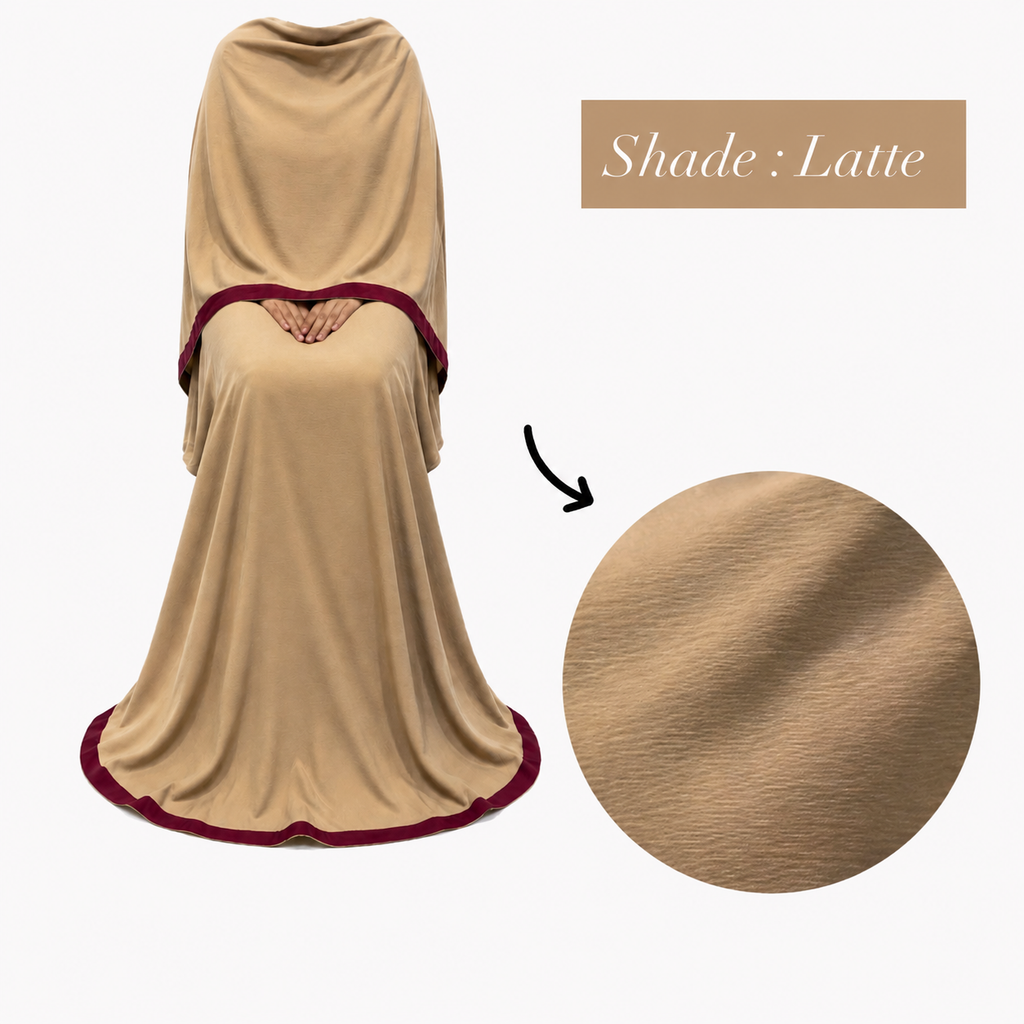 Soft Crush Abaya – Latte (Maroon Trim)