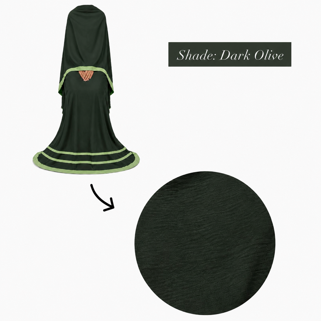 Soft Crush Abaya – Dark Olive (Sage Trim)