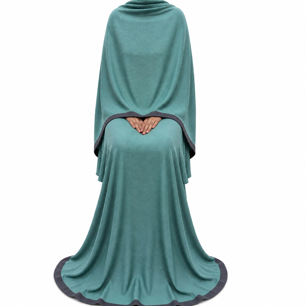 Soft Crush Abaya – Muted Teal (Grey Trim)
