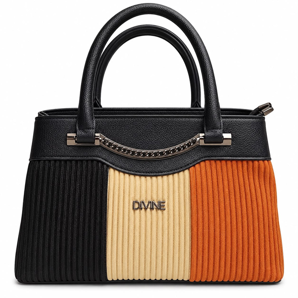 Color-block corduroy tote with chain accent
