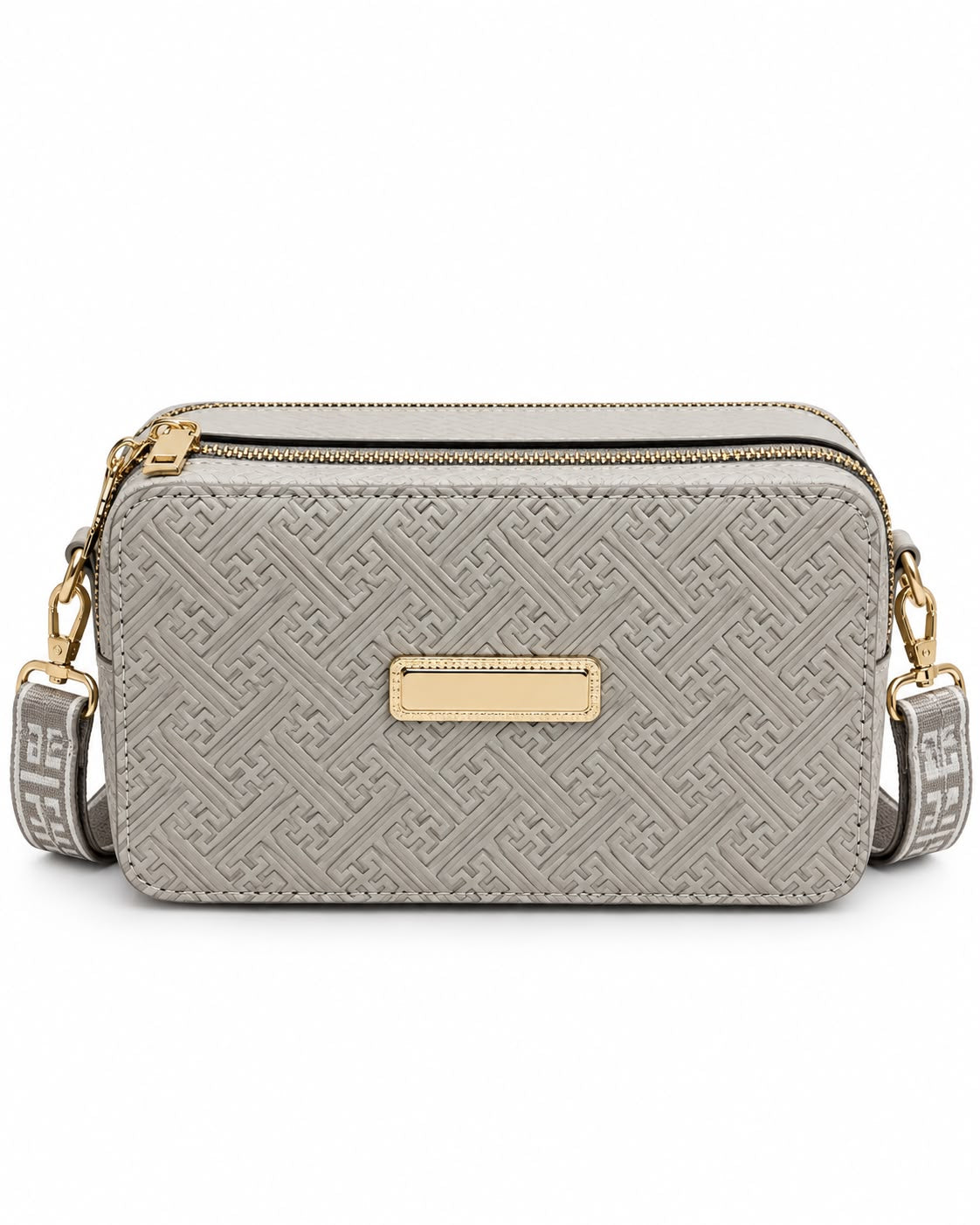 Grey boxy camera bag with embossed pattern