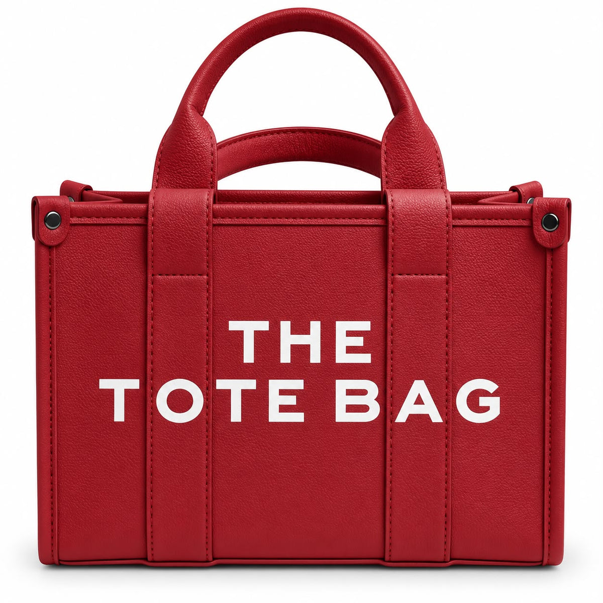 Red leather tote with graphic text print