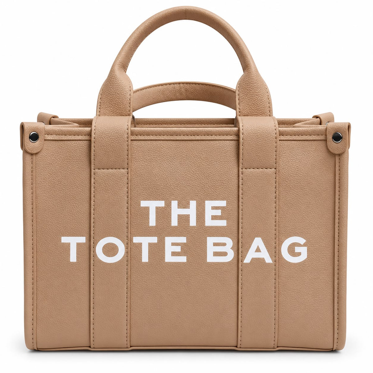 Camel leather tote with graphic text print