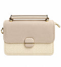 Beige woven-panel flap bag with gold hardware