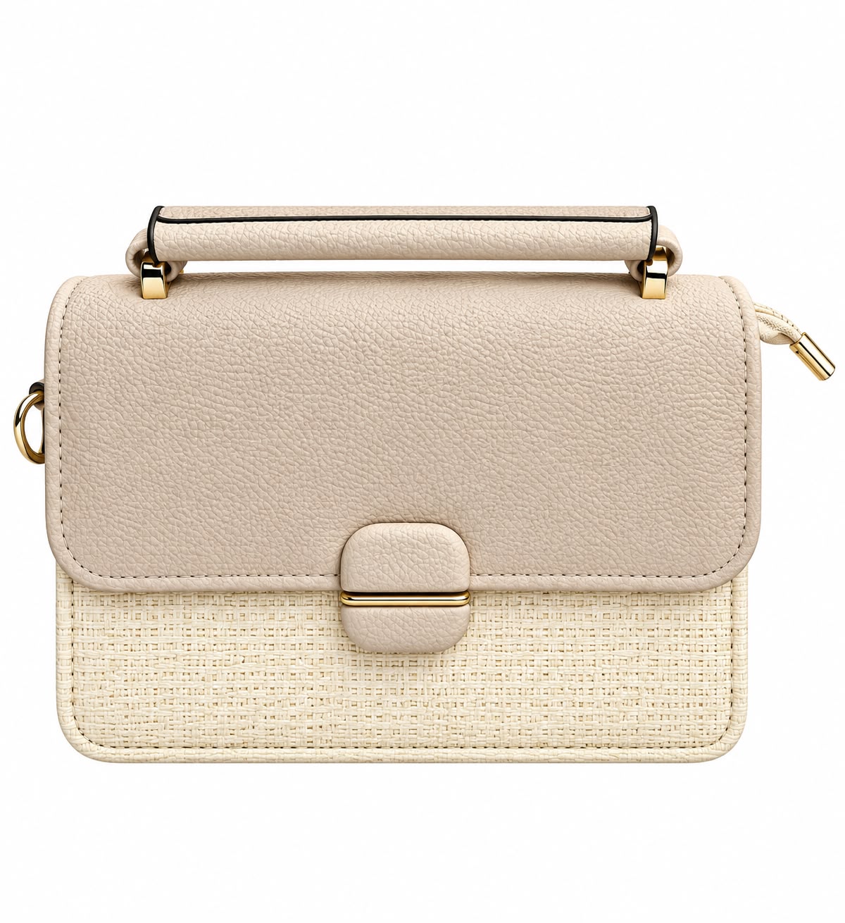 Beige woven-panel flap bag with gold hardware
