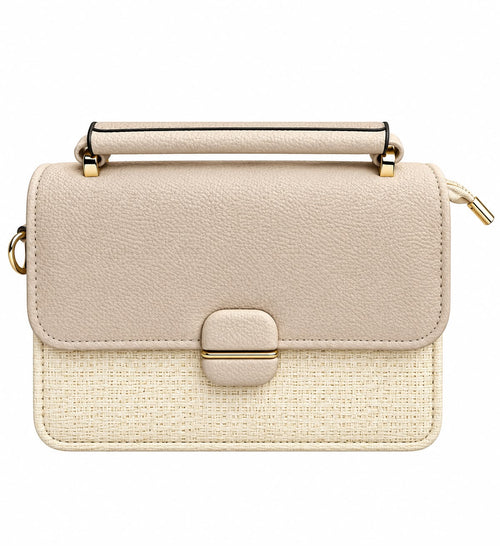 Beige woven-panel flap bag with gold hardware