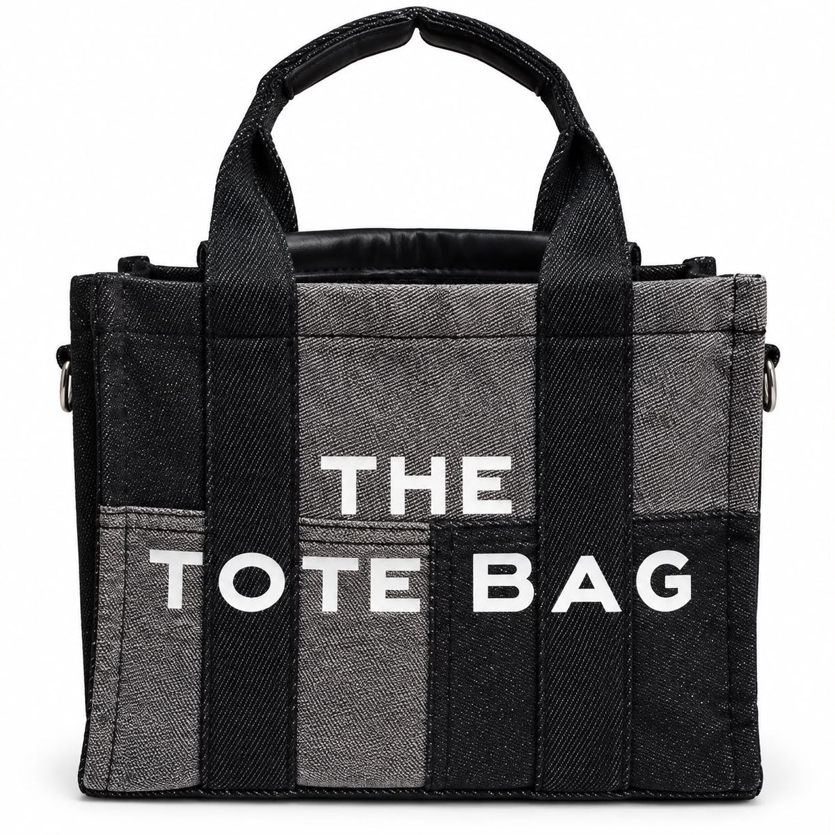 Denim patchwork tote with graphic text print