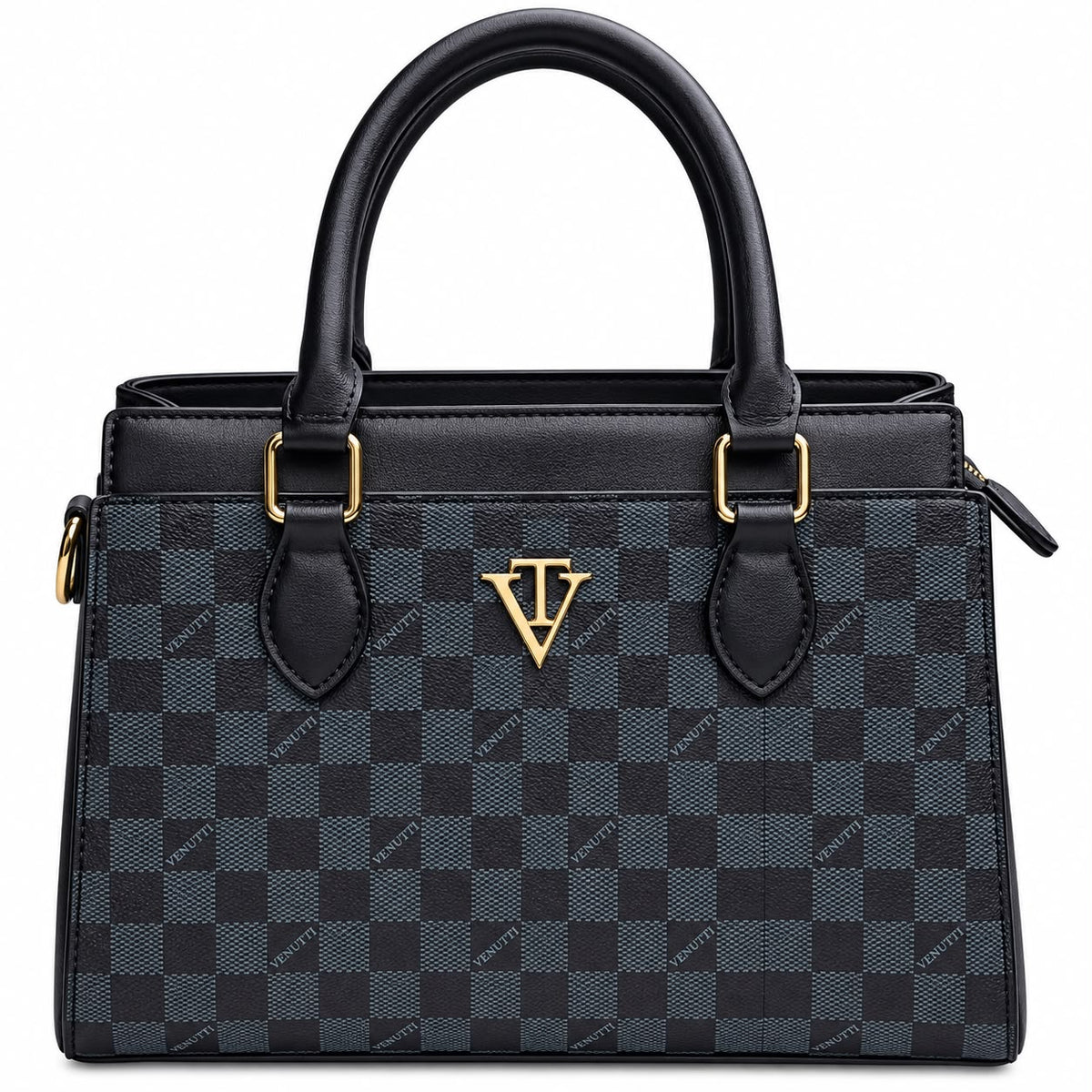 Black checkerboard print structured tote