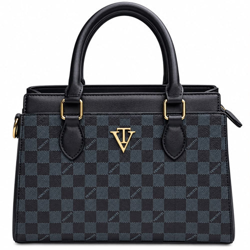 Black checkerboard print structured tote