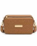 Tan boxy camera bag with embossed pattern