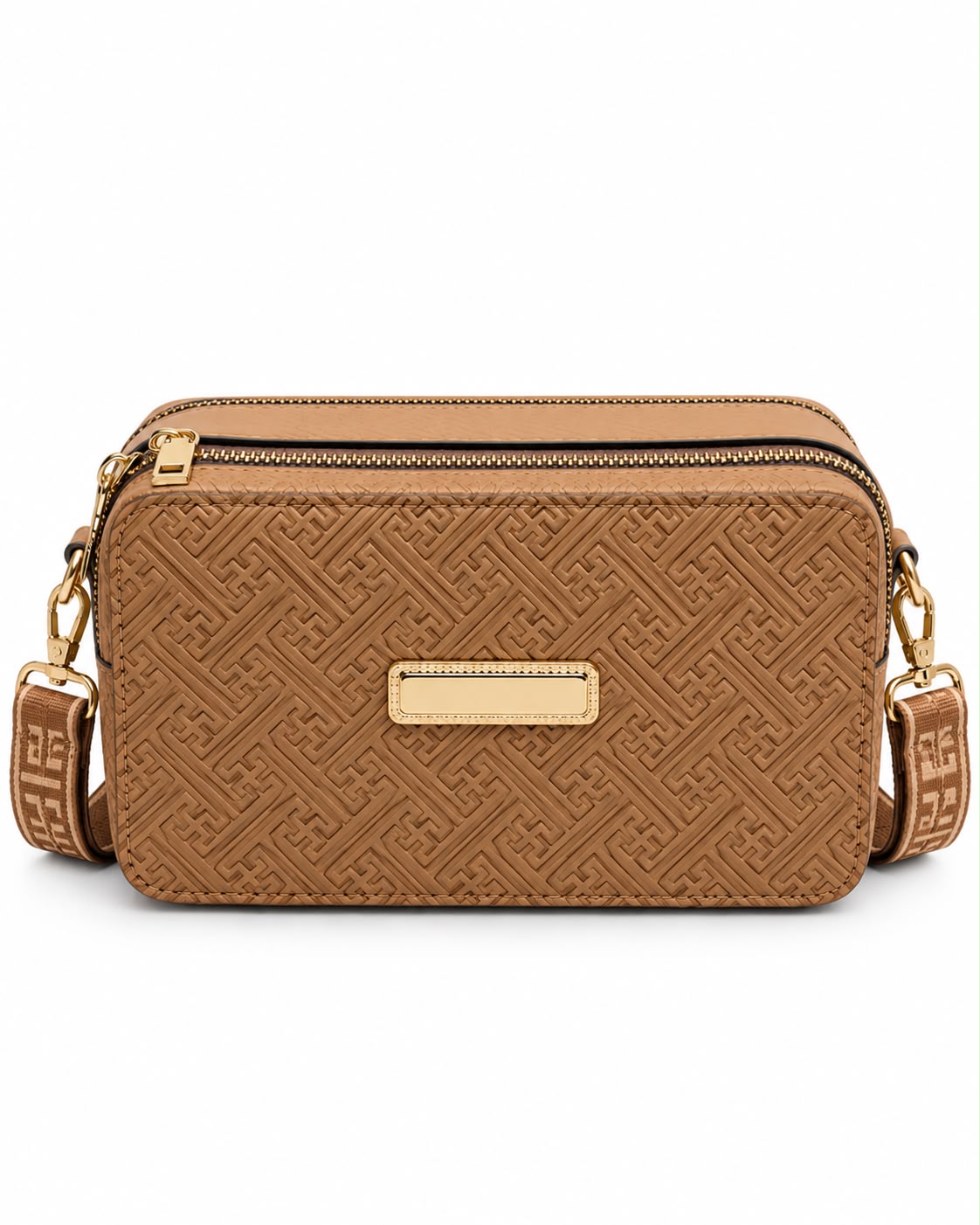 Tan boxy camera bag with embossed pattern