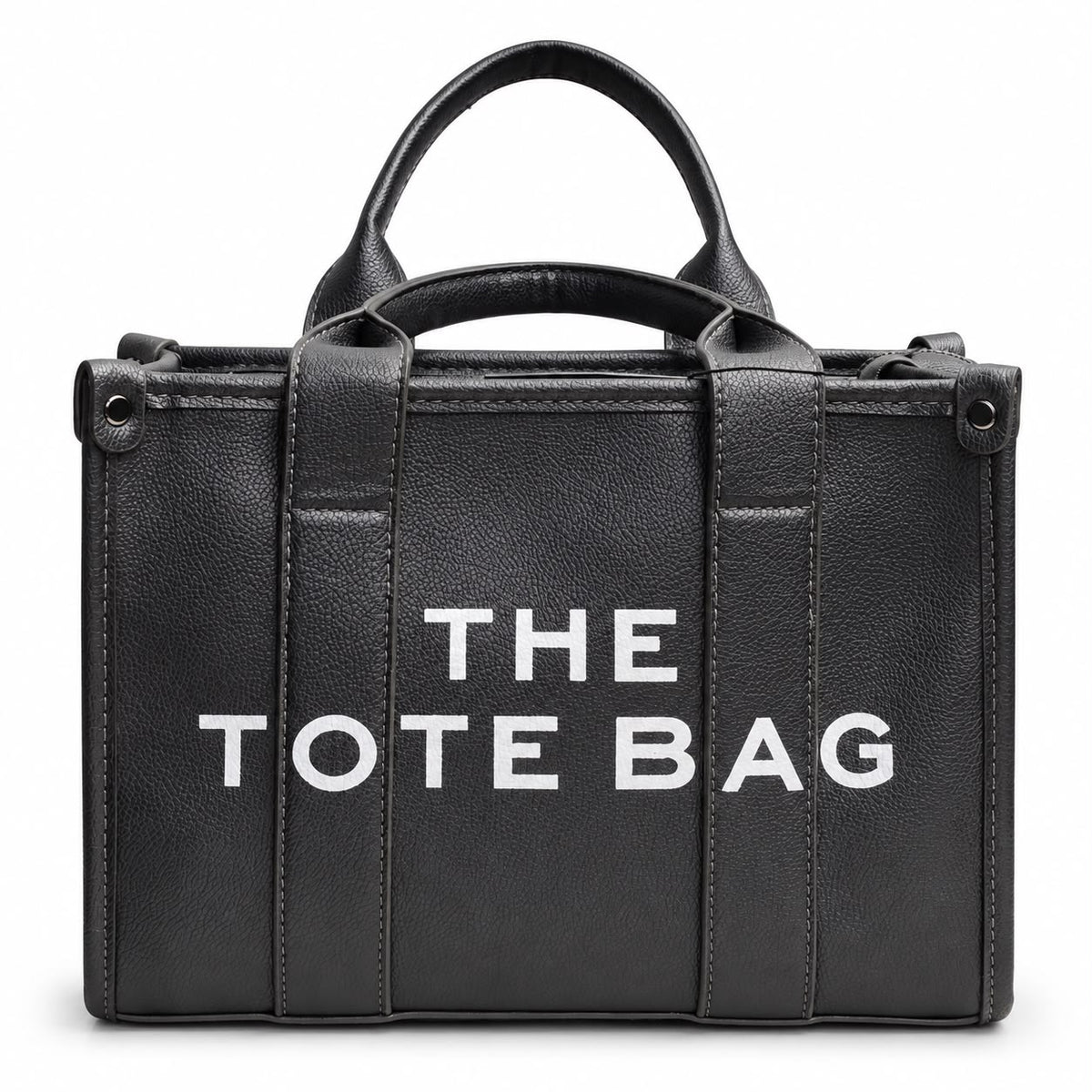 Black leather tote with graphic text print