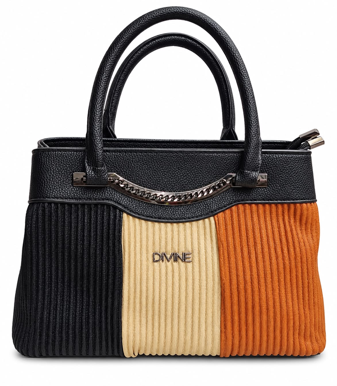 Color-block corduroy tote with chain accent