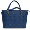 Navy grid-stitched tote with stud accents