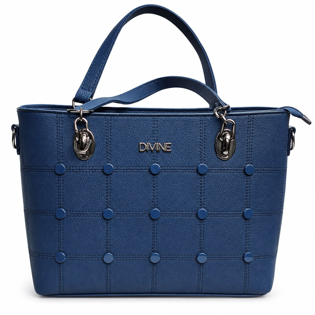 Navy grid-stitched tote with stud accents