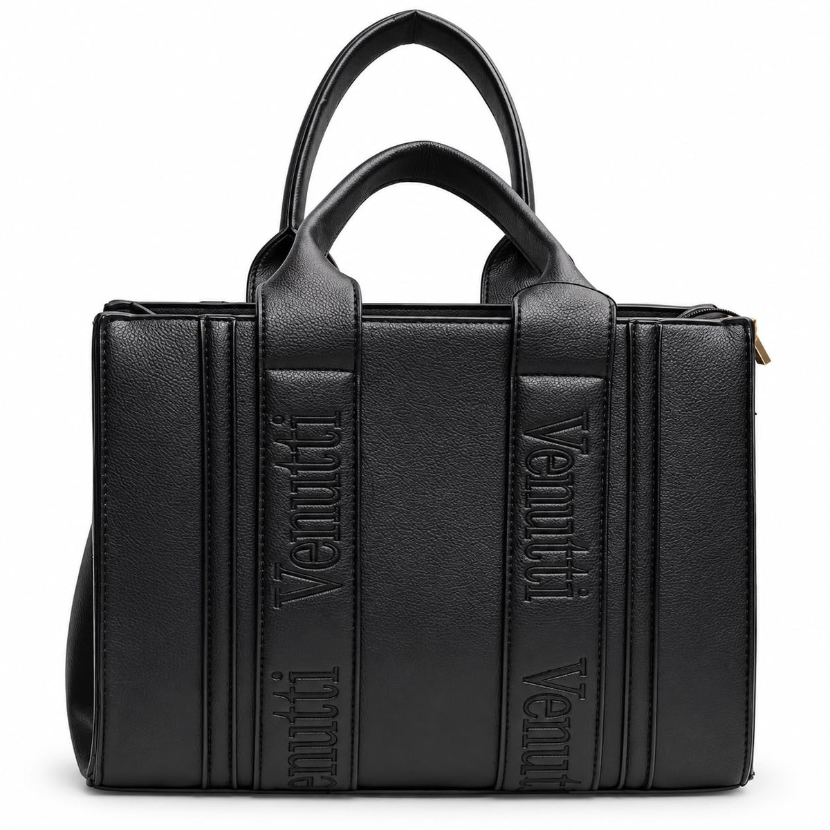 Black structured tote with embossed detail