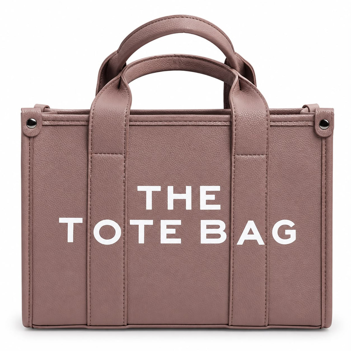 Mauve leather tote with graphic text print