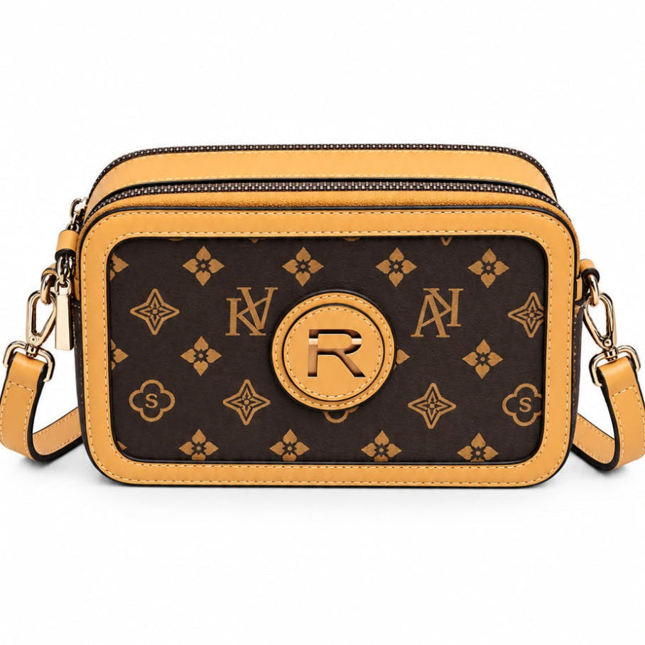 Brown monogram camera bag with mustard trim