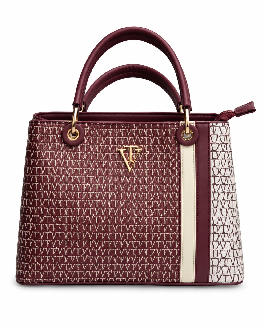 Burgundy and cream monogram structured tote